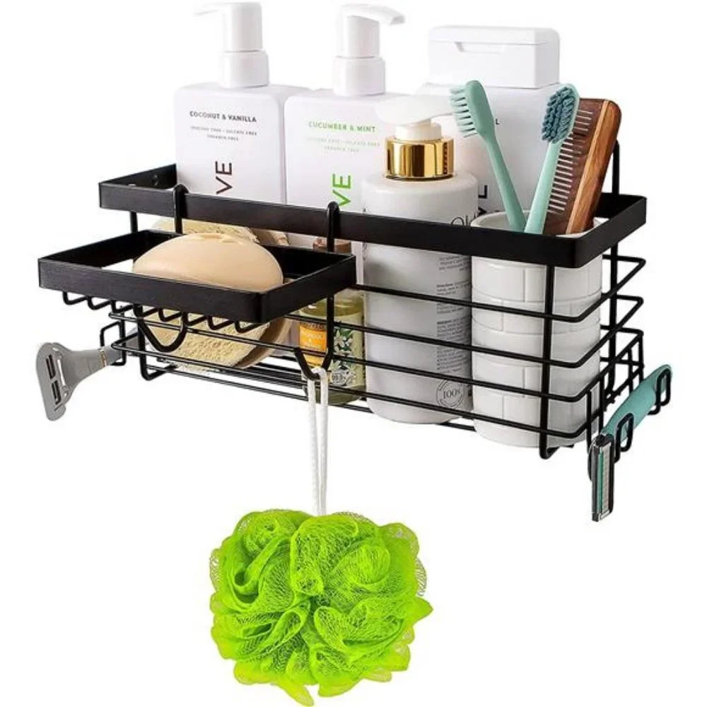 Shower Wall Caddy with Removable Soap Holder – 6 Sturdy Hooks for Storage